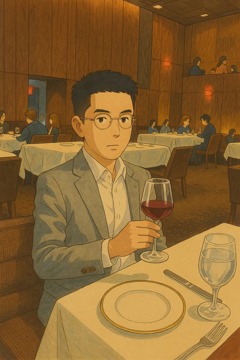 Illustrated portrait of Hanzhe Li holding a glass of red wine