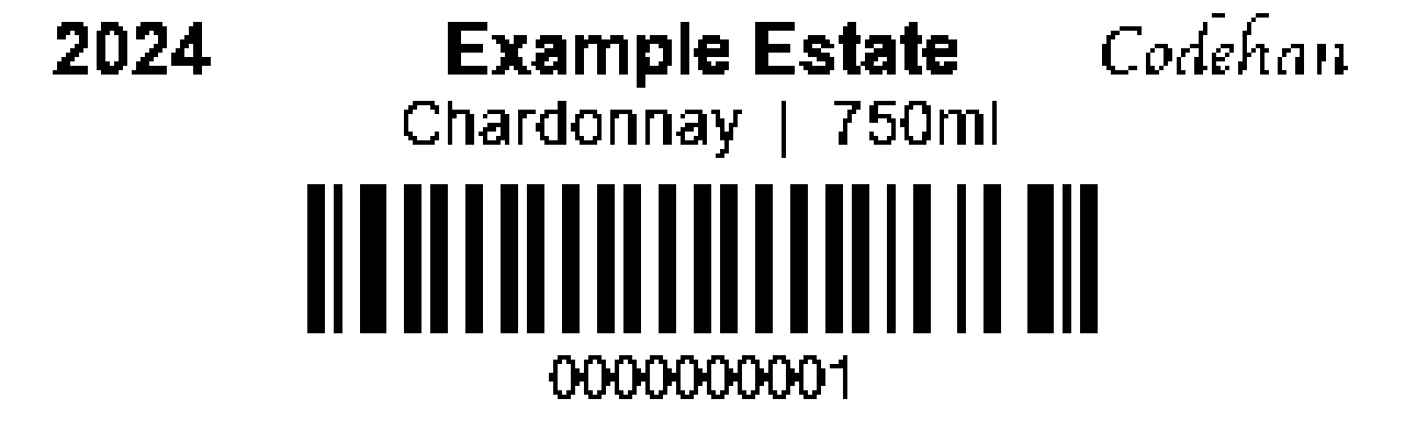 An enlarged example of the Codehan label layout, using a fictional bottle number.
